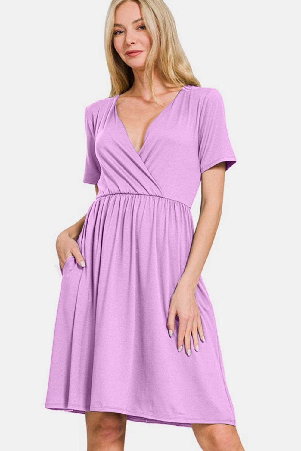 Zenana Surplice Short Sleeve Brushed DTY Dress - Rosa Apparel