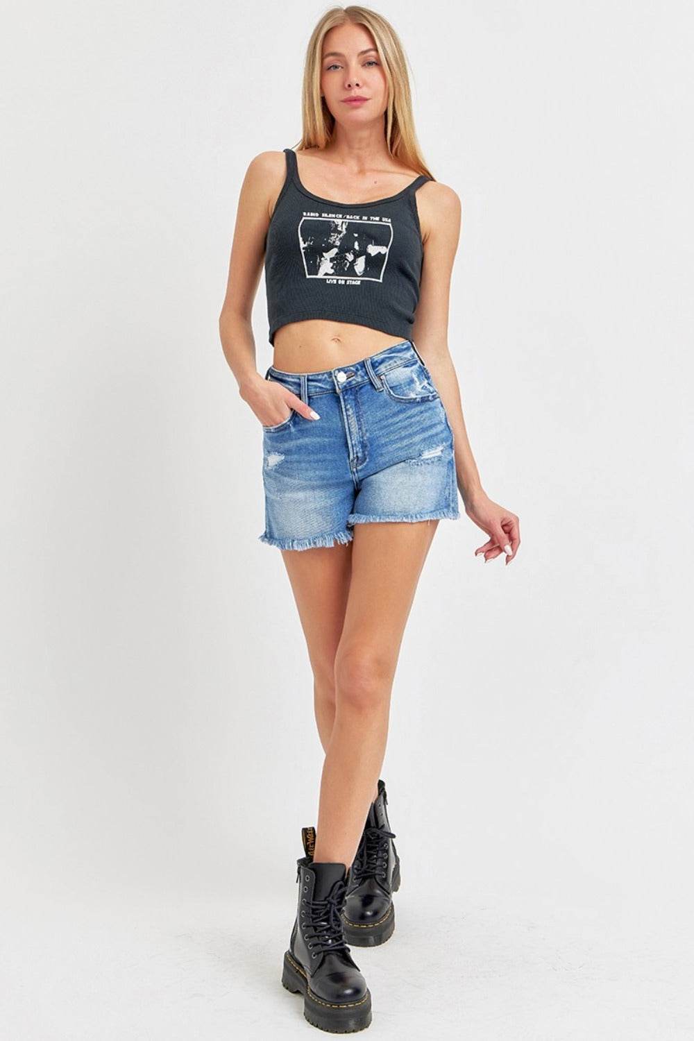 RISEN Full Size High Rise Distressed Raw Hem Denim Shorts - Rosa Apparel