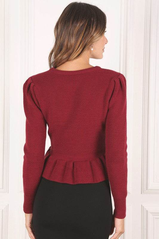Lilou Peplum Round Neck Long Sleeves Strech Sweater Top - Rosa Apparel