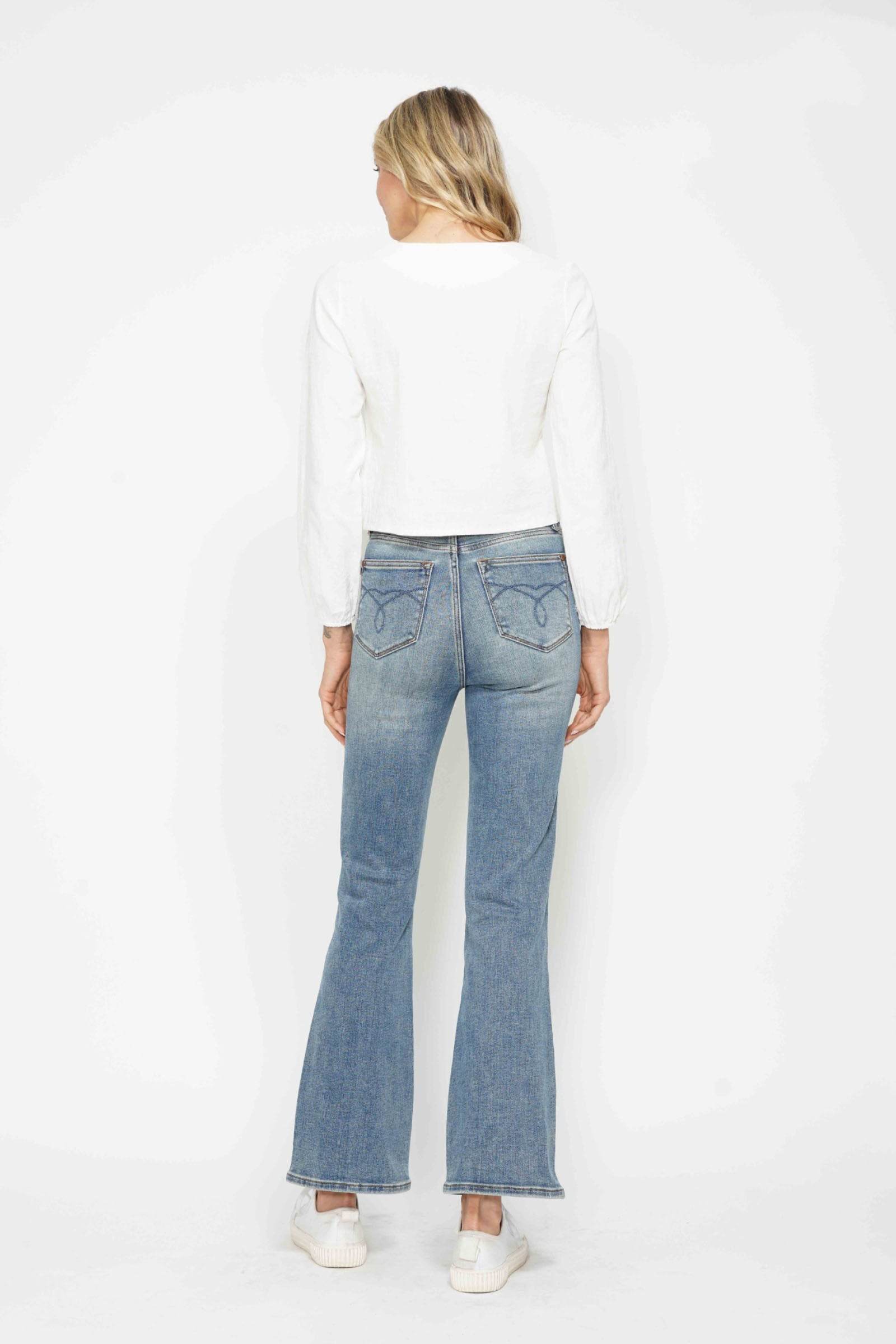 Judy Blue Full Size Tummy Control Back Embroidered Pocketed Bootcut Jeans Plus Size - Rosa Apparel