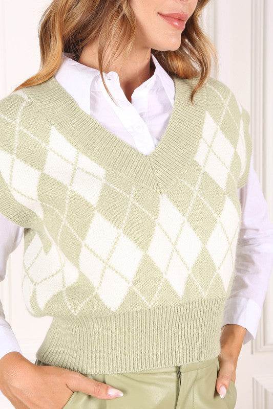 Lilou Knitted Argyle V-Neck Sleeveless Stretch Sweater Vest - Rosa Apparel