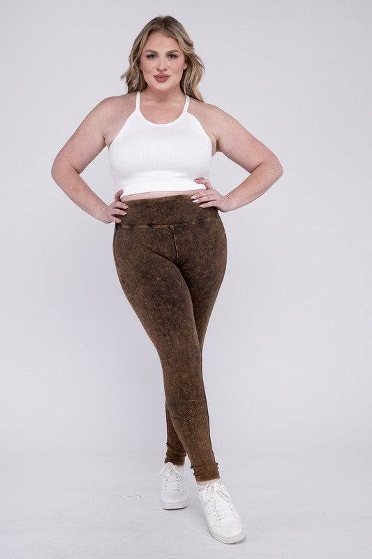 Zenana Plus Mineral Washed Wide Waistband Yoga Leggings - Rosa Apparel