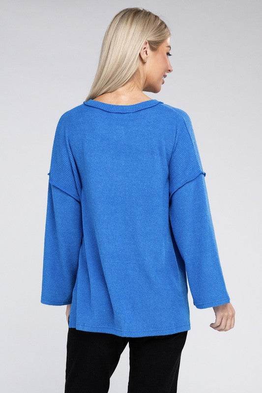 Zenana Ribbed Brushed Melange Hacci Henley Sweater - Rosa Apparel