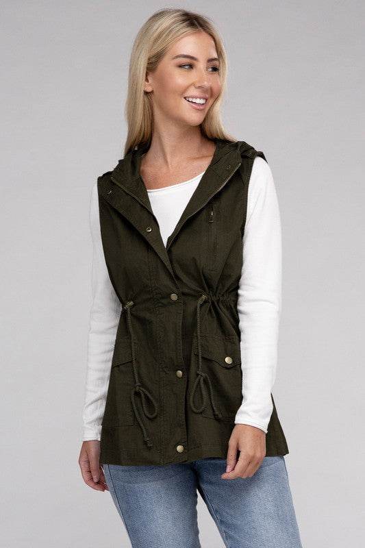 Zenana Drawstring Waist Sleeveless Military Hoodie Vest - Rosa Apparel