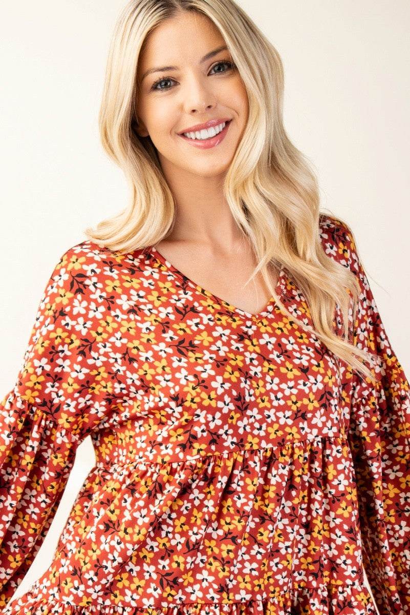 Celeste Full Size Floral V-Neck Balloon Sleeve Blouse - Rosa Apparel