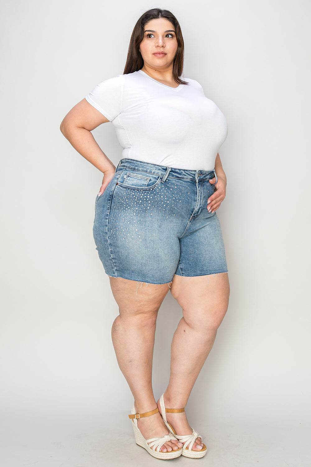 Judy Blue Full Size High Waist Rhinestone Decor Denim Shorts Style #:150274 - Rosa Apparel