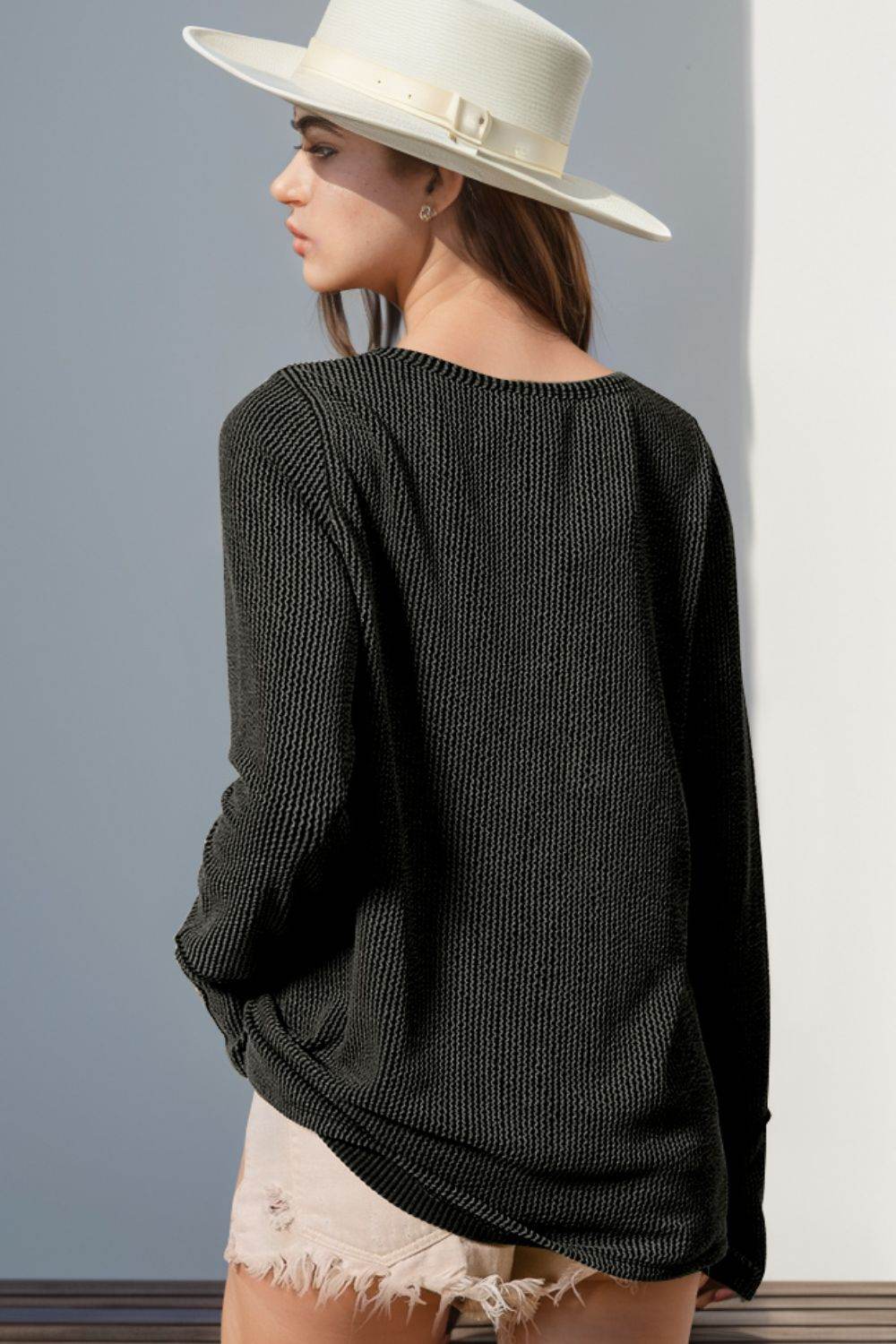 Double Take Full Size Notched Thumbhole Long Sleeve T-Shirt - Rosa Apparel