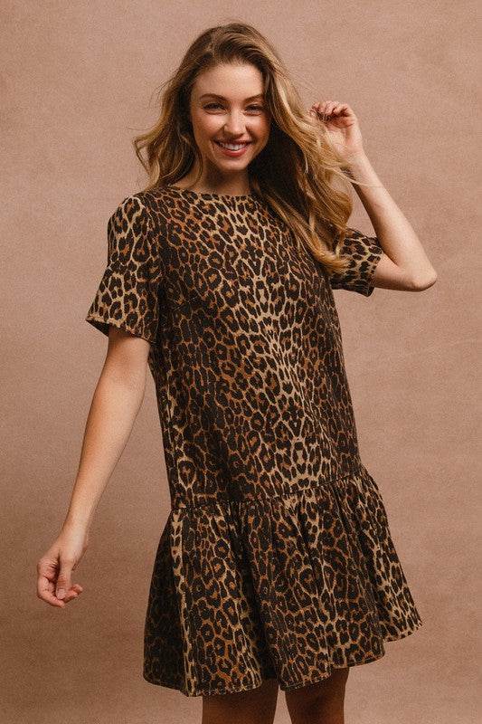 BiBi Tie Back Leopard Round Neck Short Sleeve Dress - Rosa Apparel