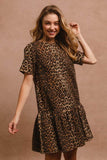 BiBi Tie Back Leopard Round Neck Short Sleeve Dress - Rosa Apparel