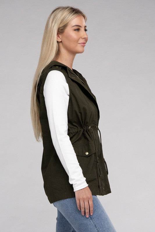 Zenana Drawstring Waist Sleeveless Military Hoodie Vest - Rosa Apparel