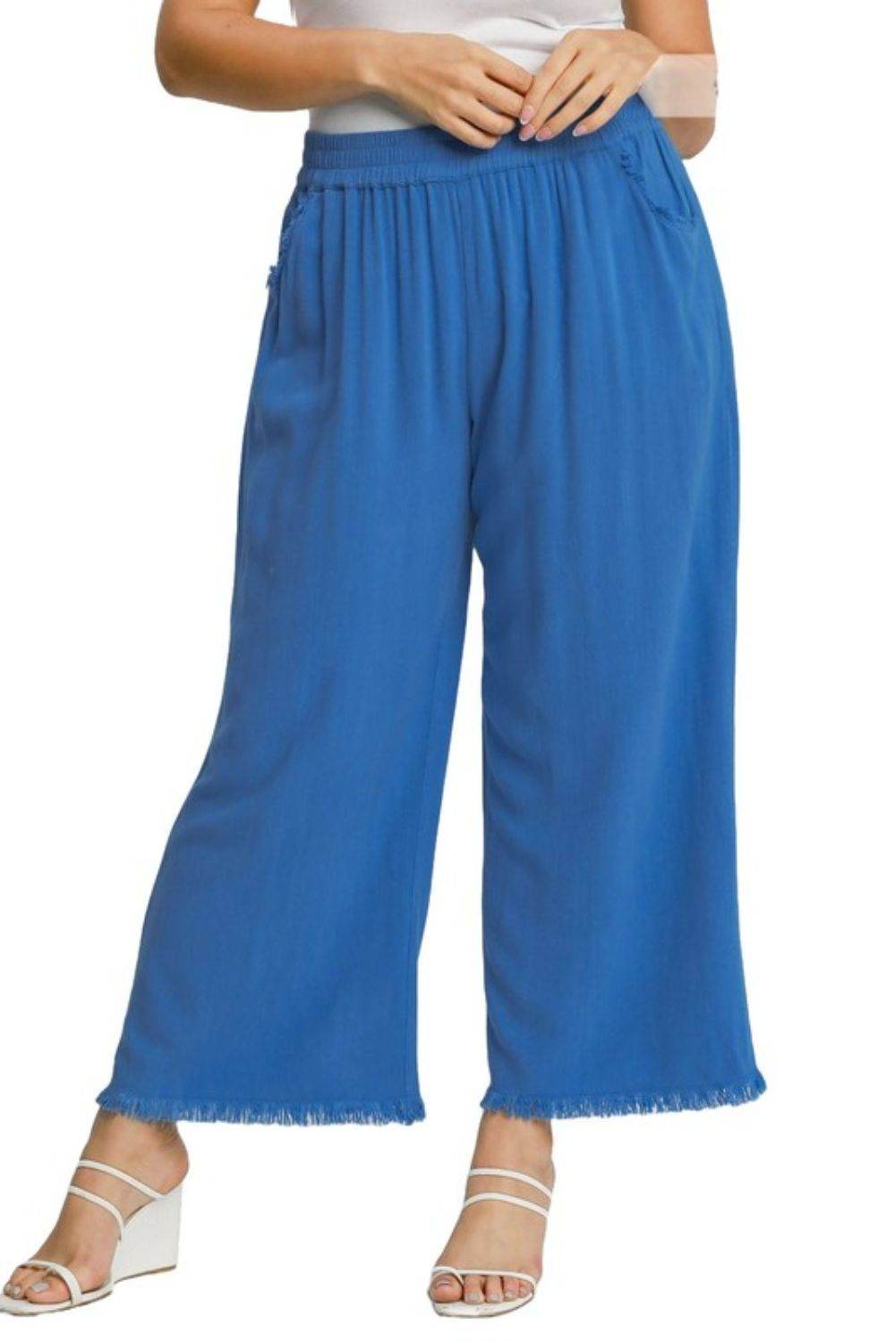Umgee Full Size Linen Blend Elastic Waistband Wide Leg Pants Plus Size - Rosa Apparel