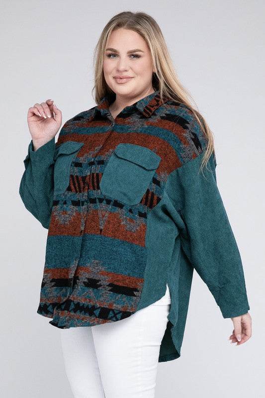 Davi & Dani Plus Printed Button Down Long Sleeve Jacket - Rosa Apparel