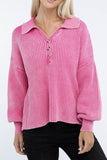 Zenana Washed Collared Henley Hip Length Sweater - Rosa Apparel