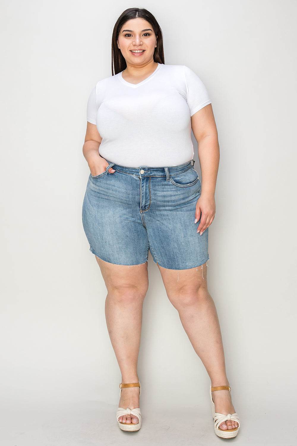 Judy Blue Full Size High Waist Raw Hem Denim Casual Jean Shorts Style #: 15251 - Rosa Apparel