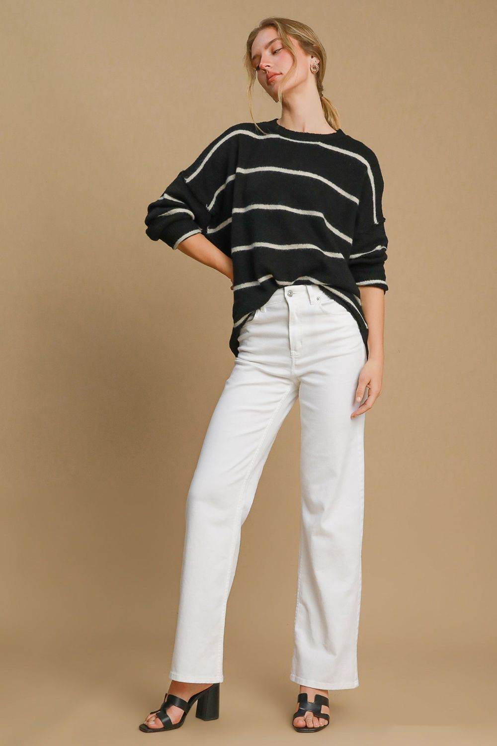 Umgee Wool Blend Striped Round Neck Sweater - Rosa Apparel