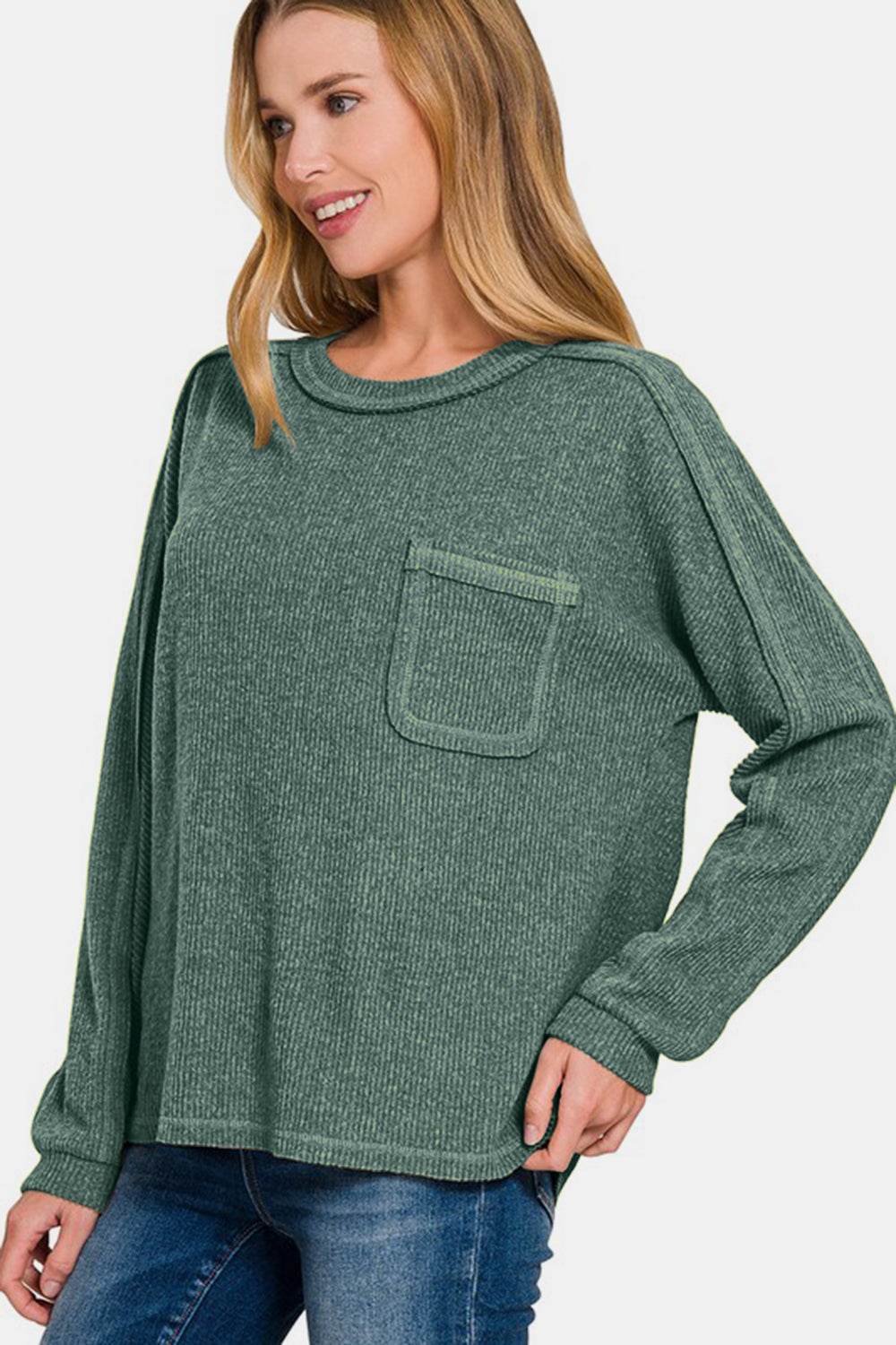 Zenana Full Size Contrast Stitching Brushed Ribbed Hacci Knit Top - Rosa Apparel