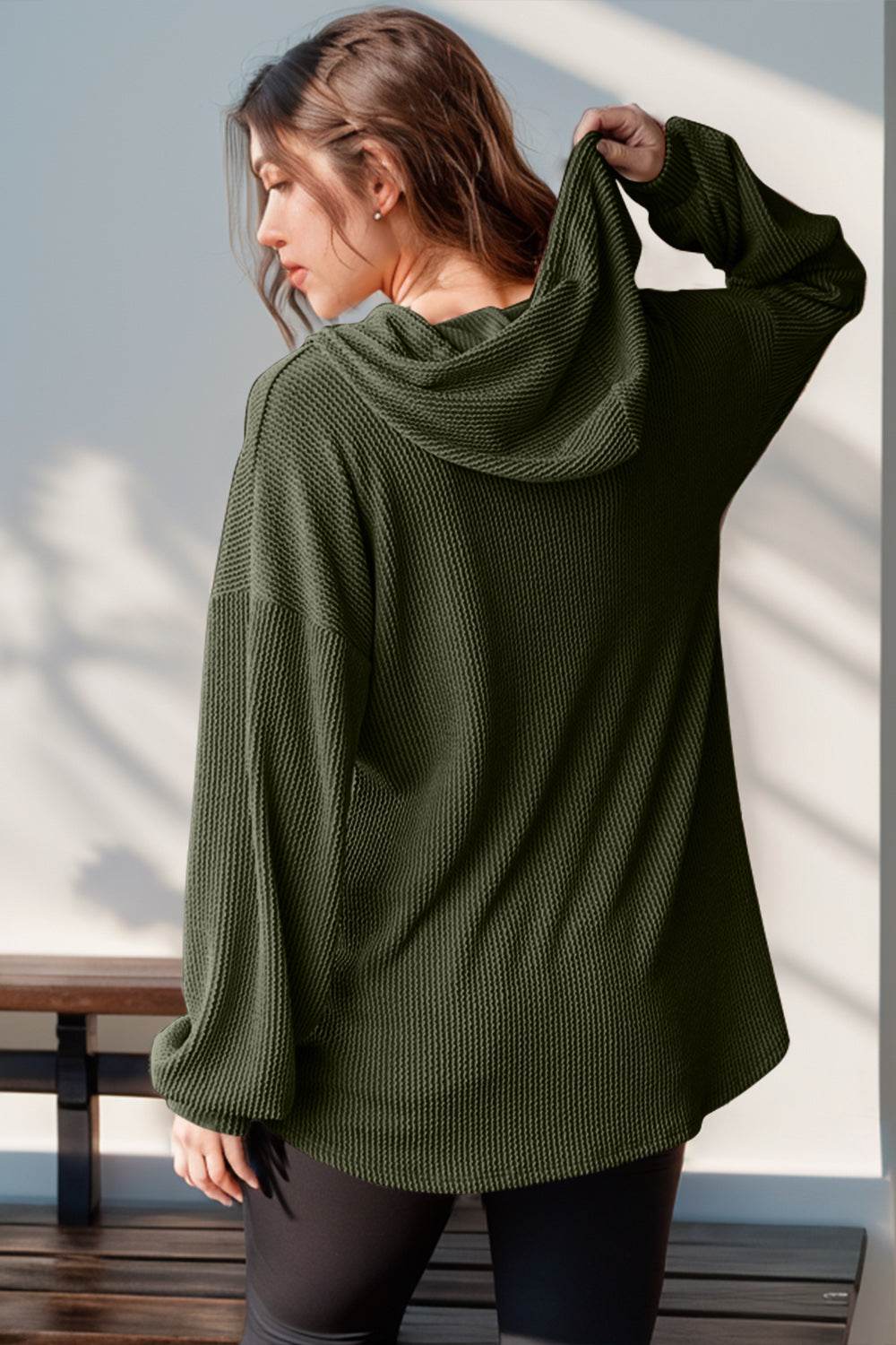 Double Take Full Size Half Button Long Sleeve Hoodie - Rosa Apparel