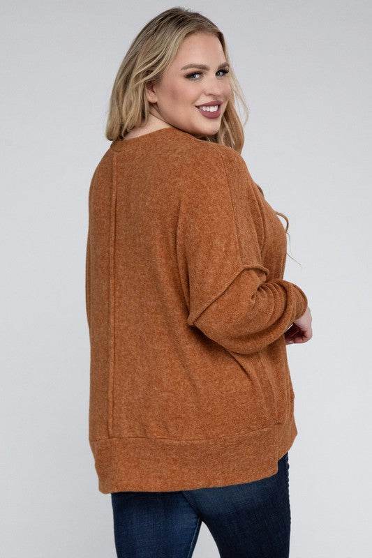 Zenana Plus Brushed Melange Drop Shoulder Sweater - Rosa Apparel