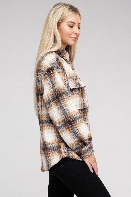 Ambiance Cozy Plaid Flannel Regular Fit Collar Shacket - Rosa Apparel