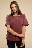 Zenana Back Patch Crinkle Washed Raglan Sleeve T-Shirt - Rosa Apparel