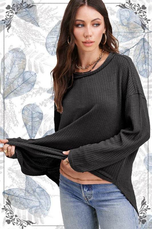 La Miel Bree Waffle Relaxed Raw Edge Boat Neck Sweater - Rosa Apparel