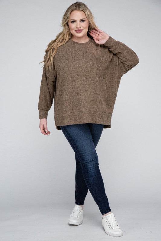 Zenana Plus Brushed Melange Drop Shoulder Sweater - Rosa Apparel