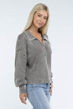 Zenana Washed Collared Henley Hip Length Sweater - Rosa Apparel