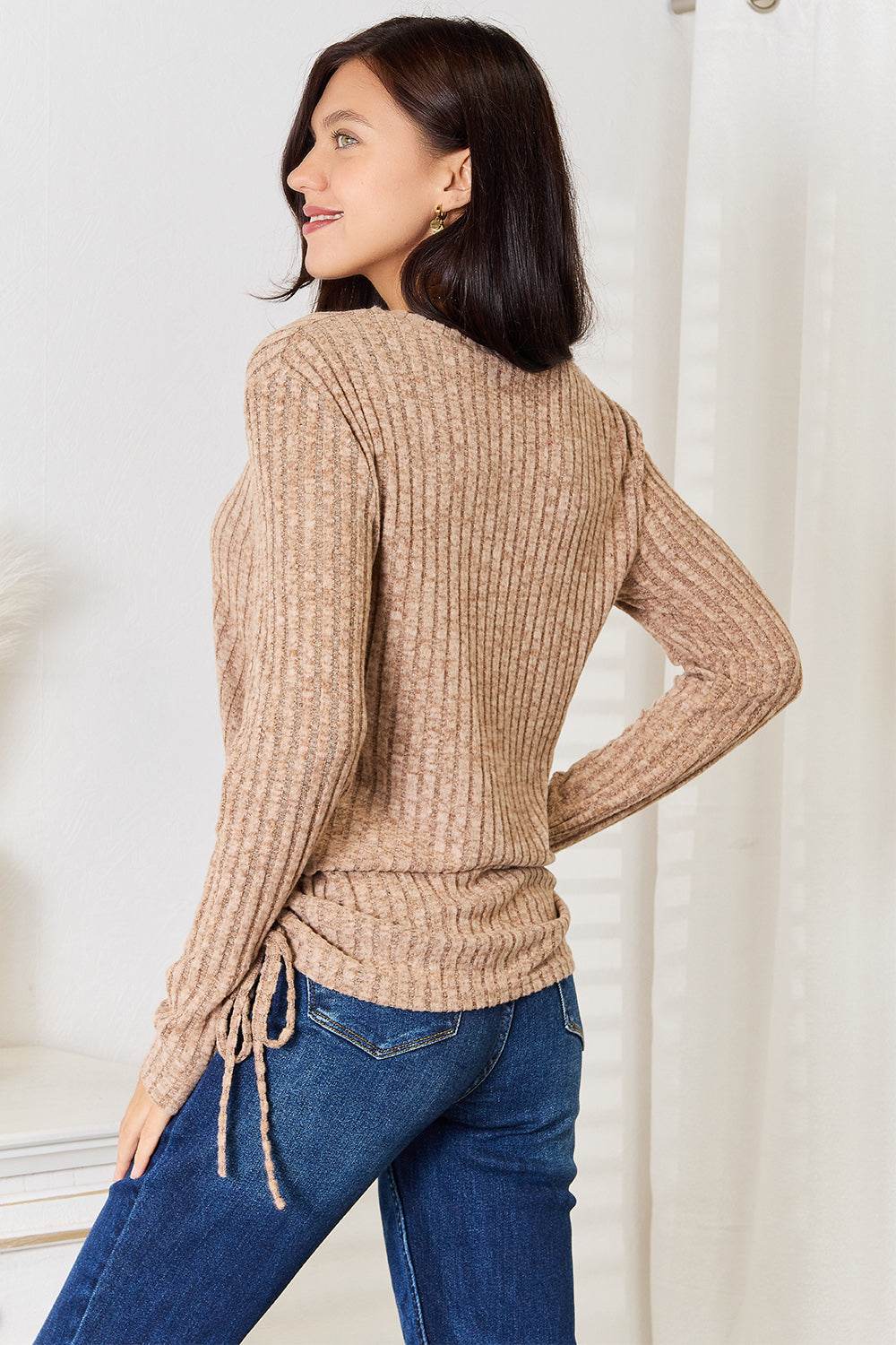 Double Take Drawstring Ribbed Long Sleeve T-Shirt - Rosa Apparel
