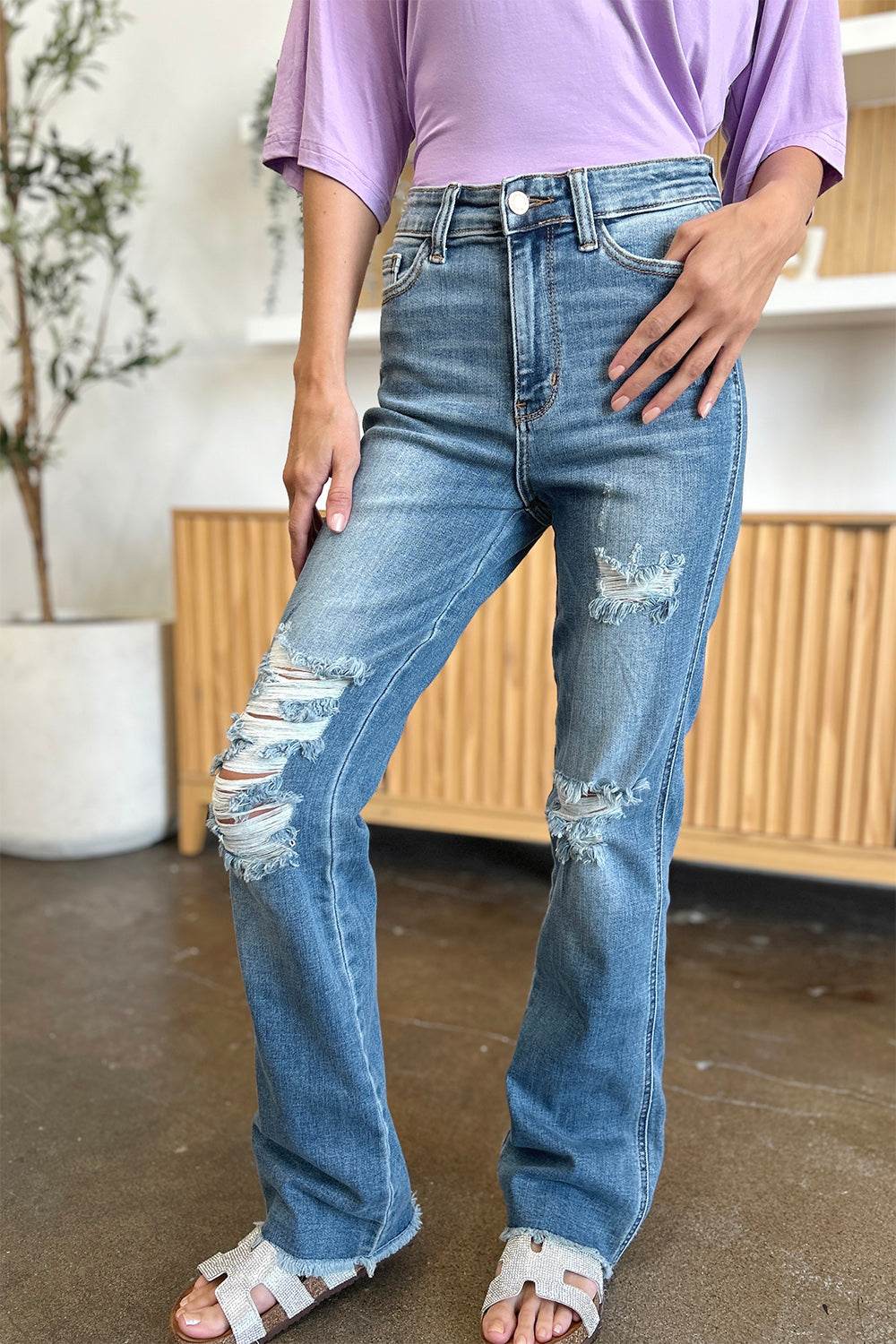 Judy Blue Full Size Distressed Casual Denim Raw Hem Bootcut Jeans Style #: 82542 - Rosa Apparel