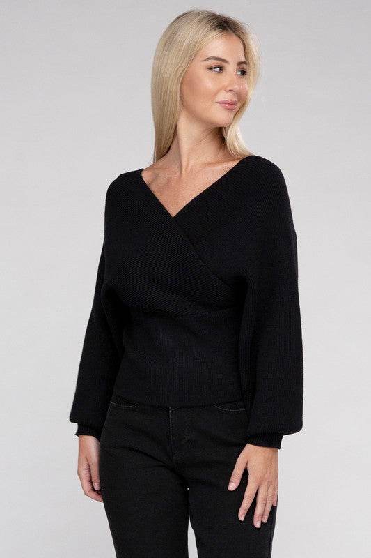 Zenana Viscose Cross Wrap V-Neck Pullover Sweater - Rosa Apparel