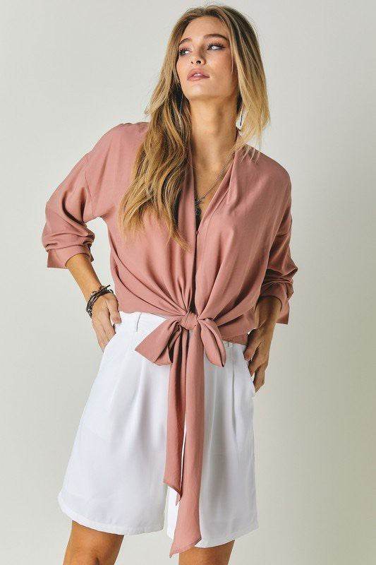 J.NNA Chic Solid V-Neck Long 3/4 Sleeve Tie Front Cropped Top - Rosa Apparel