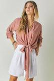 J.NNA Chic Solid V-Neck Long 3/4 Sleeve Tie Front Cropped Top - Rosa Apparel