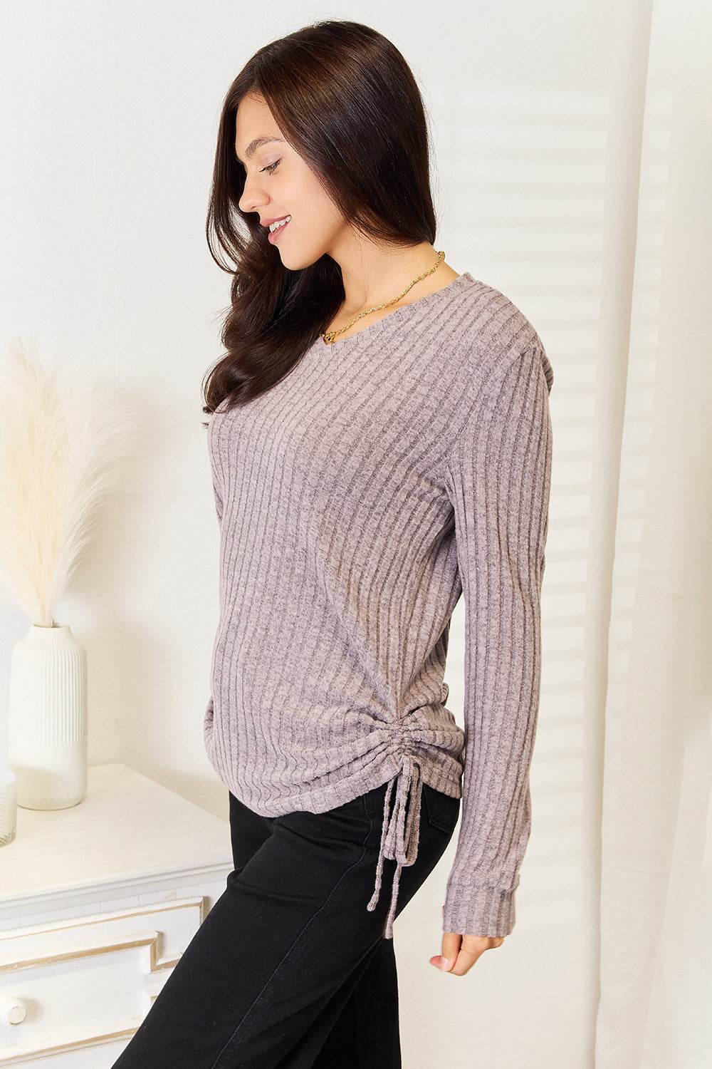 Double Take Drawstring Ribbed Long Sleeve T-Shirt - Rosa Apparel