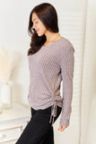Double Take Drawstring Ribbed Long Sleeve T-Shirt - Rosa Apparel