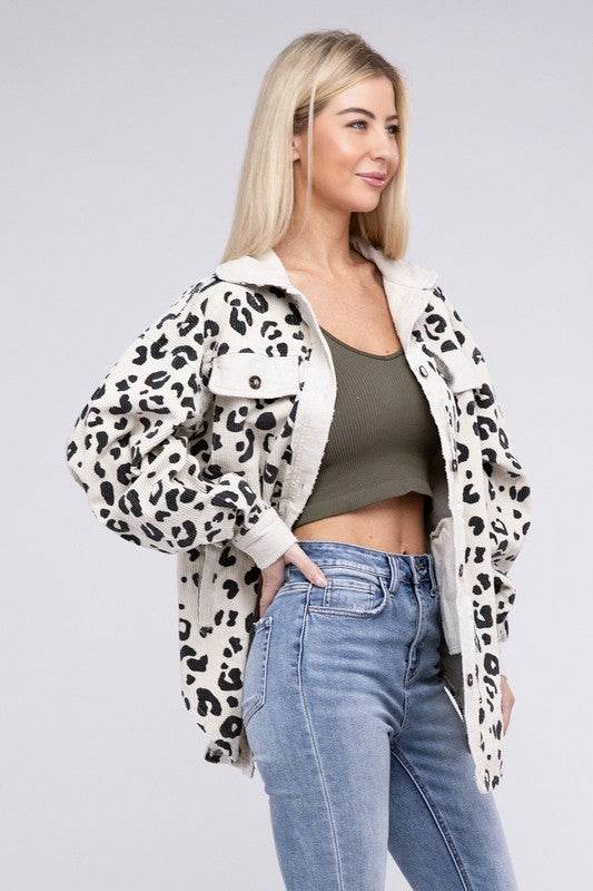 BiBi Vintage Washed Leopard Corduroy Buttoned Jacket - Rosa Apparel
