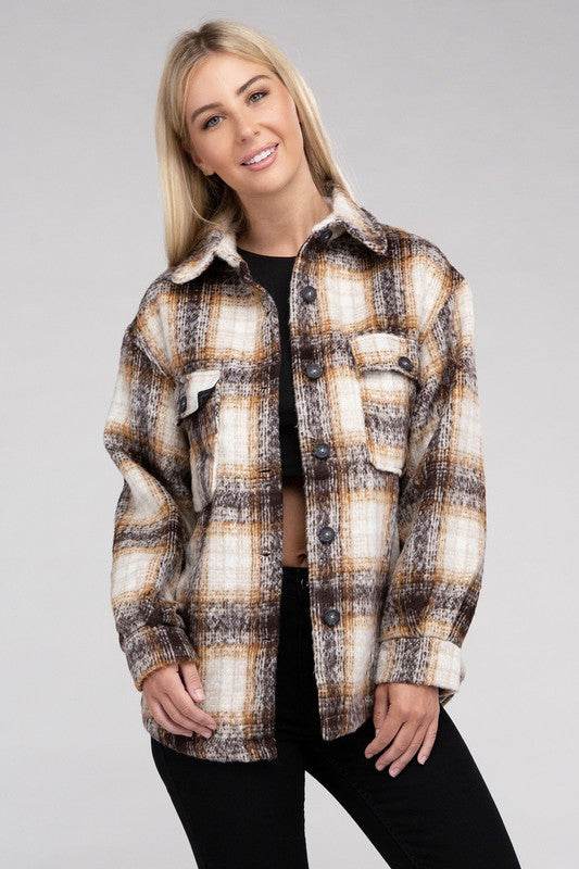 Ambiance Cozy Plaid Flannel Regular Fit Collar Shacket - Rosa Apparel