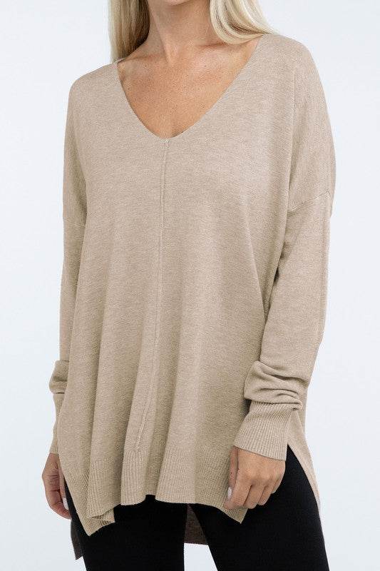 Zenana Hi-Low Hem Front Seam V-Neck Sweater - Rosa Apparel