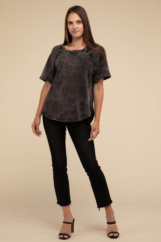Zenana Back Patch Crinkle Washed Raglan Sleeve T-Shirt - Rosa Apparel