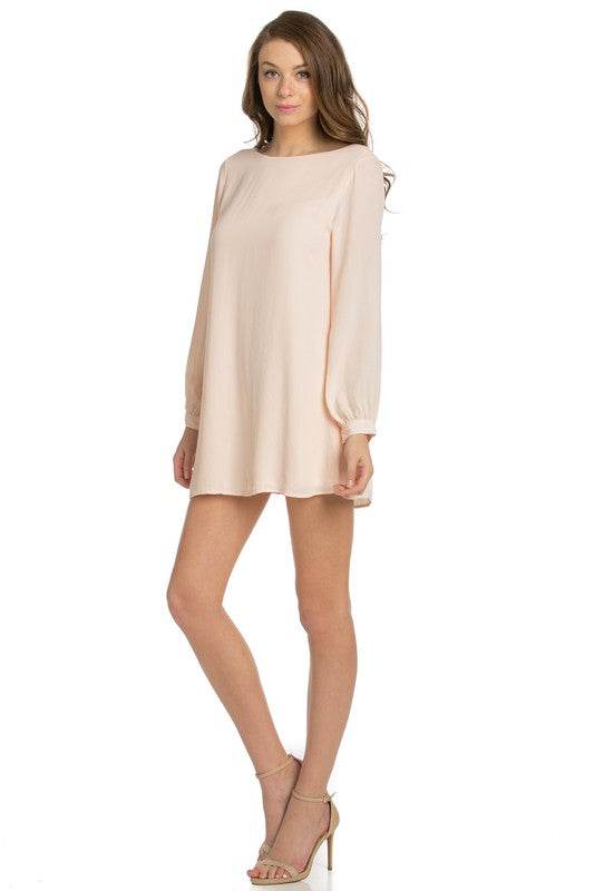 O2 Denim Cut Out V Back Long Sleeve Shift Mini Dress - Rosa Apparel