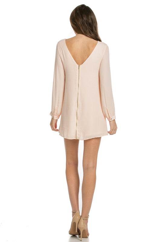 O2 Denim Cut Out V Back Long Sleeve Shift Mini Dress - Rosa Apparel