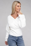 Zenana Viscose Cross Wrap V-Neck Pullover Sweater - Rosa Apparel