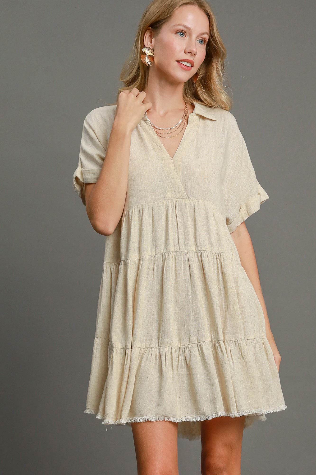 Umgee Full Size Raw Hem Folded Sleeve Tiered Dress Plus Size - Rosa Apparel