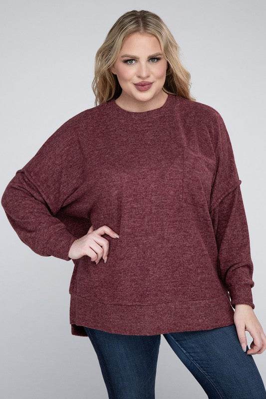 Zenana Plus Brushed Melange Drop Shoulder Sweater - Rosa Apparel