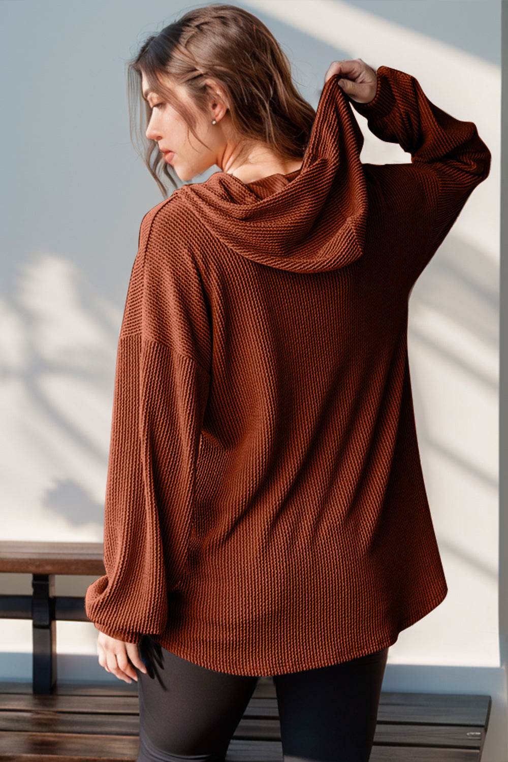 Double Take Full Size Half Button Long Sleeve Hoodie - Rosa Apparel