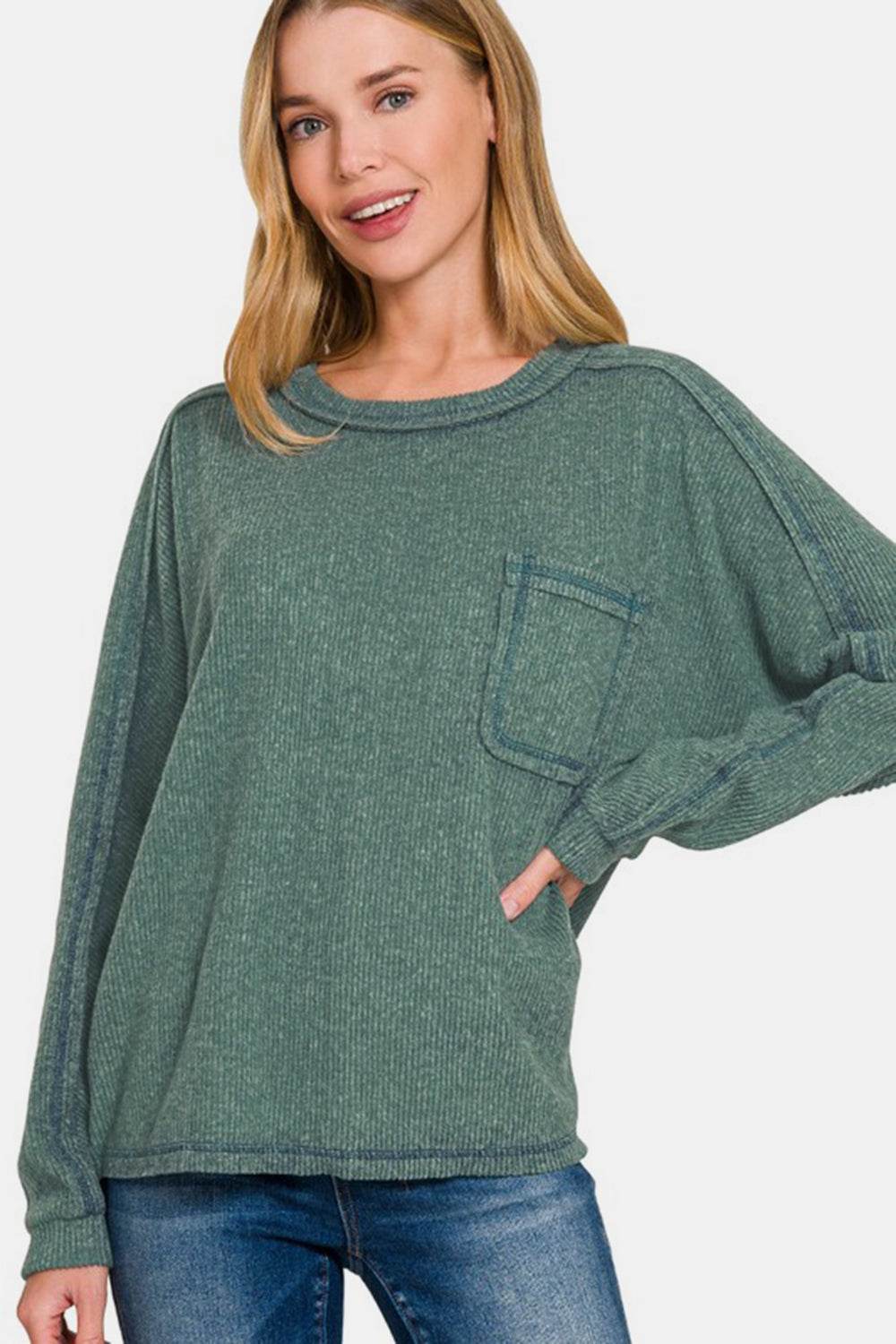 Zenana Full Size Contrast Stitching Brushed Ribbed Hacci Knit Top - Rosa Apparel