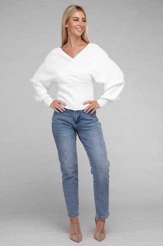 Zenana Viscose Cross Wrap V-Neck Pullover Sweater - Rosa Apparel