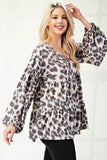 Celeste Full Size Leopard V-Neck Balloon Sleeve Blouse - Rosa Apparel