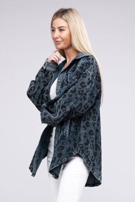 BiBi Vintage Washed Leopard Corduroy Buttoned Jacket - Rosa Apparel