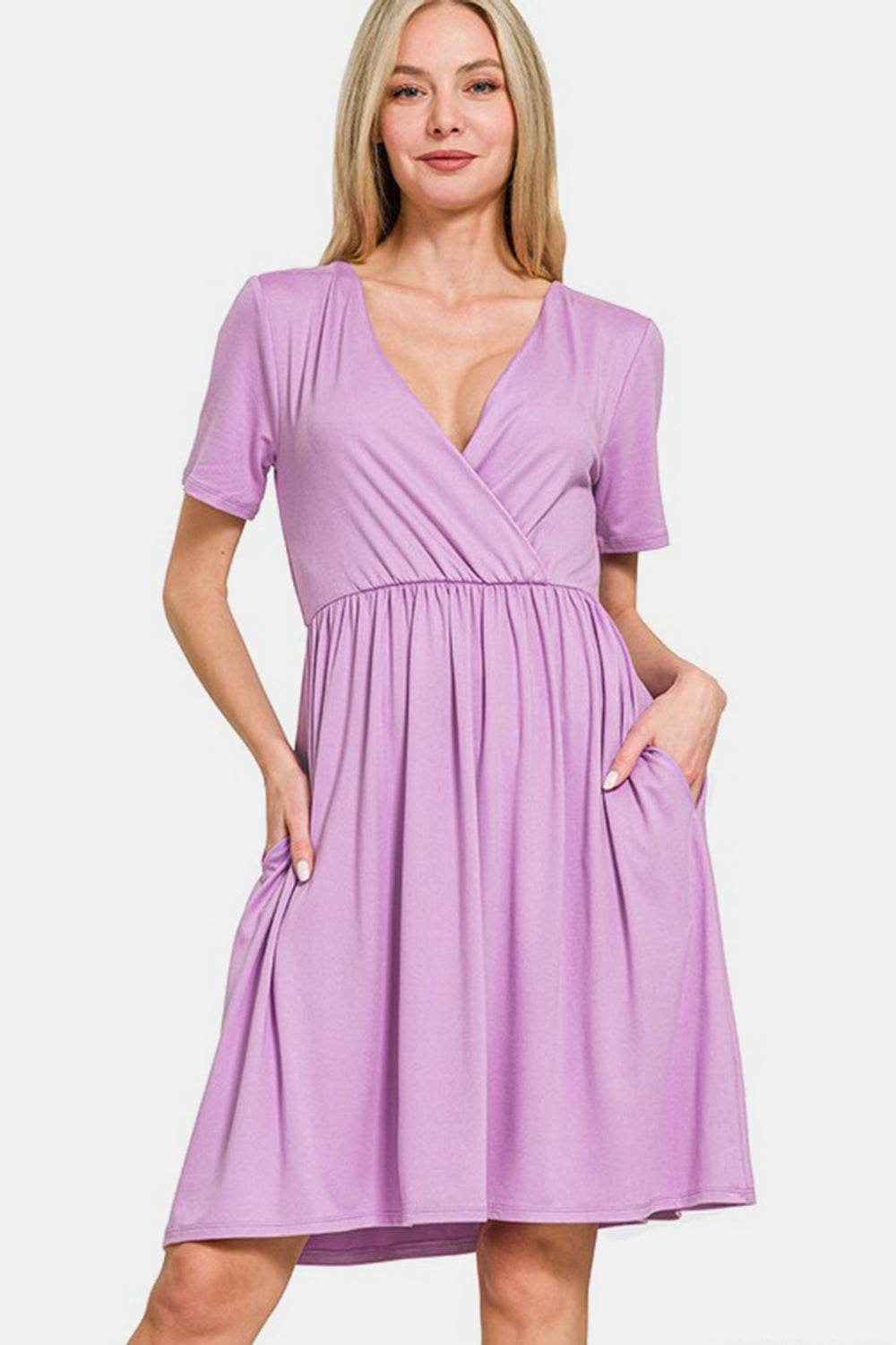 Zenana Surplice Short Sleeve Brushed DTY Dress - Rosa Apparel