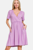 Zenana Surplice Short Sleeve Brushed DTY Dress - Rosa Apparel